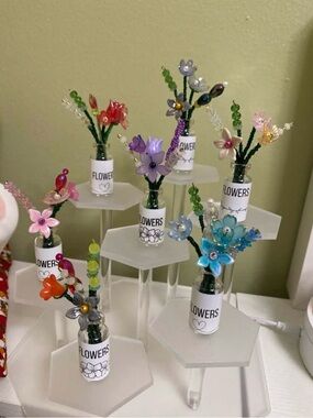 7pcs set of Hand Crafted Multicolor Beaded Flower Vases - White Bottles
